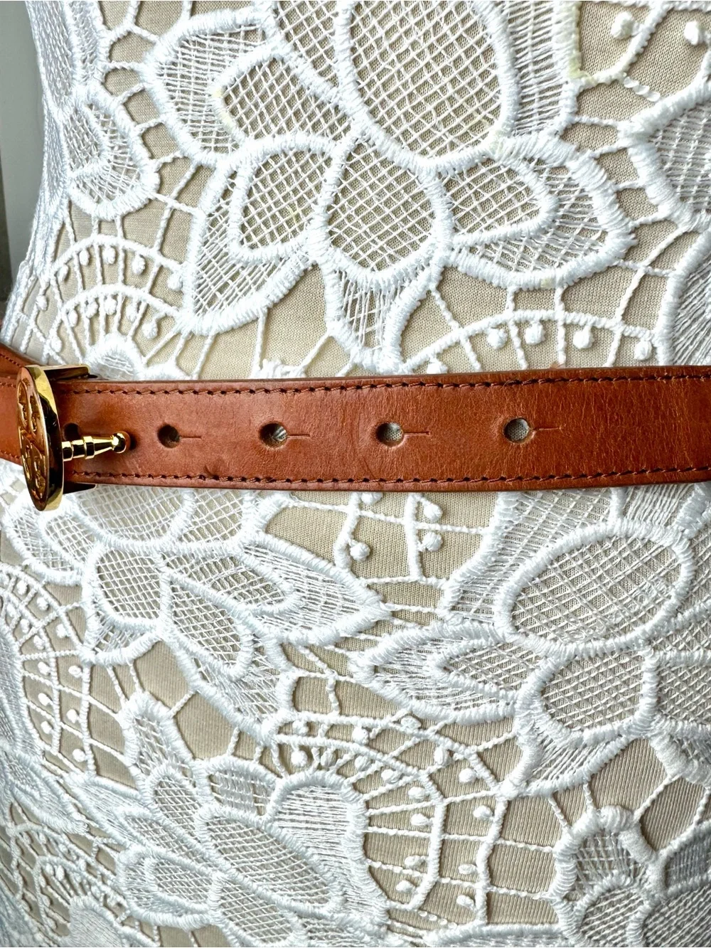 Tory Burch Cognac Leather Beaded Belt with Red and White Beads with TT Buckle XS